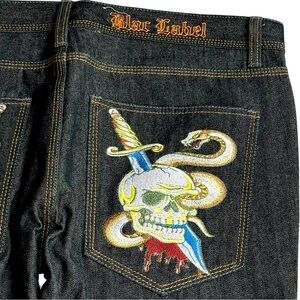 Blac Label Skull Snake Embroidered Jeans 38x34 Dark Wash Graphic Denim Y2K Retro